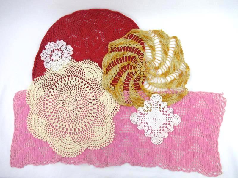 Lot of 6 Doilies Vintage Handmade Crocheted Red Pink Beige Orange White