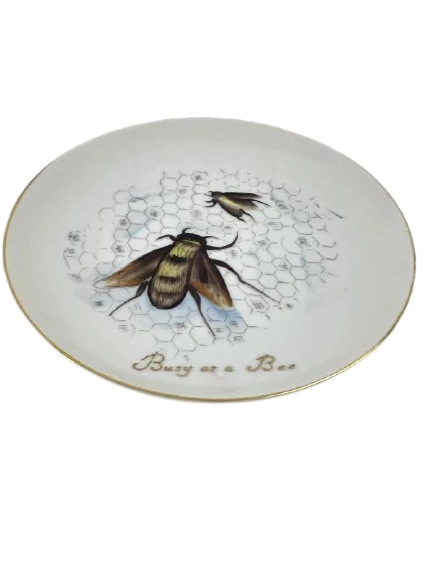 Enesco Porcelain Busy As A Bee Plate Made In Japan 7.75" Gold Gild Trim Honeybee