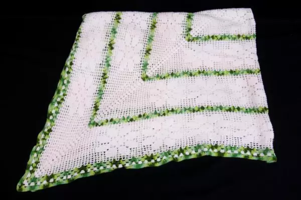 Vintage Crocheted Square Tablecloth Green White Floral Hand Knit