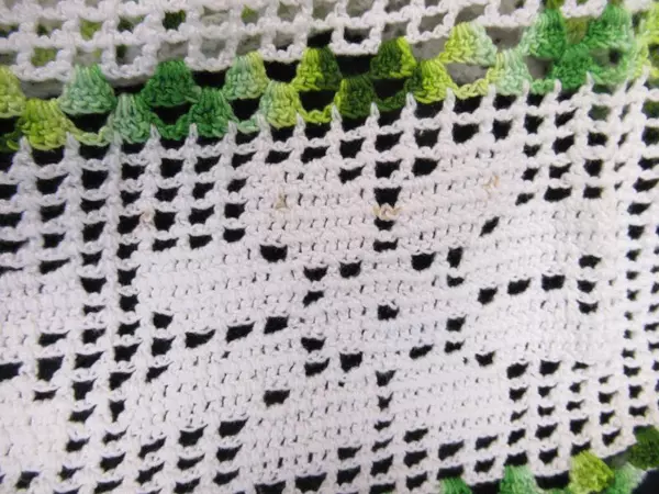 Vintage Crocheted Square Tablecloth Green White Floral Hand Knit