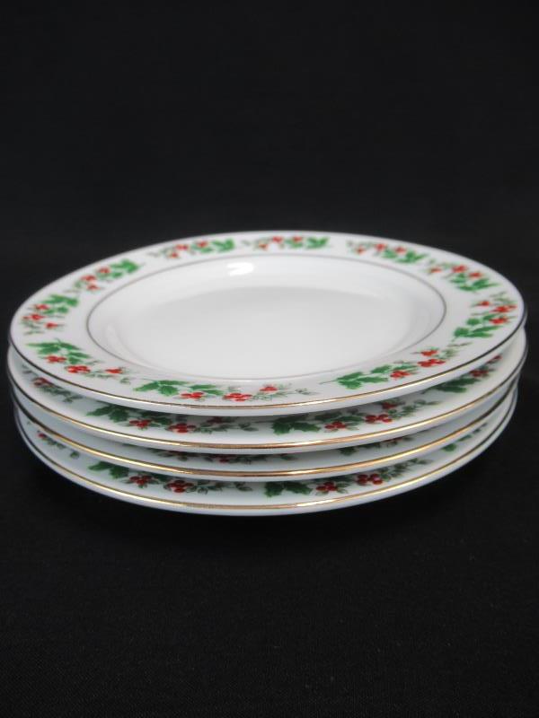Lot of 4 Gibson Salad Plates Holiday Gold Pattern White Red Green Holly 7.5"