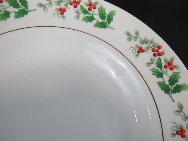 Lot of 3 Gibson Soup Bowls Holiday Gold Pattern White Red Green Holly 8"