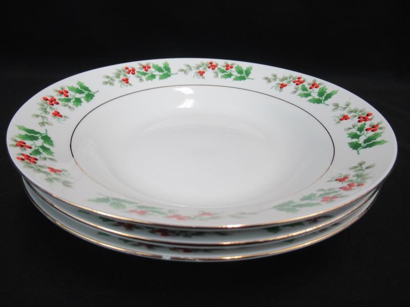 Lot of 3 Gibson Soup Bowls Holiday Gold Pattern White Red Green Holly 8"