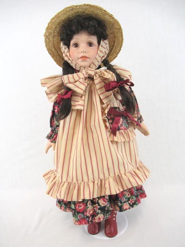 Porcelain Doll Girl Stand Brown Hair Brown Eyes Multicolor Dress Straw Hat 20"