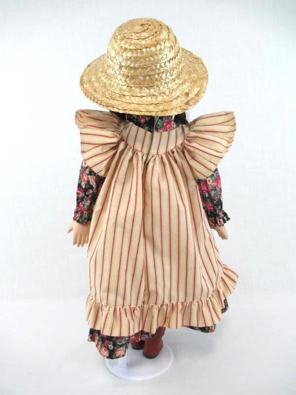 Porcelain Doll Girl Stand Brown Hair Brown Eyes Multicolor Dress Straw Hat 20"