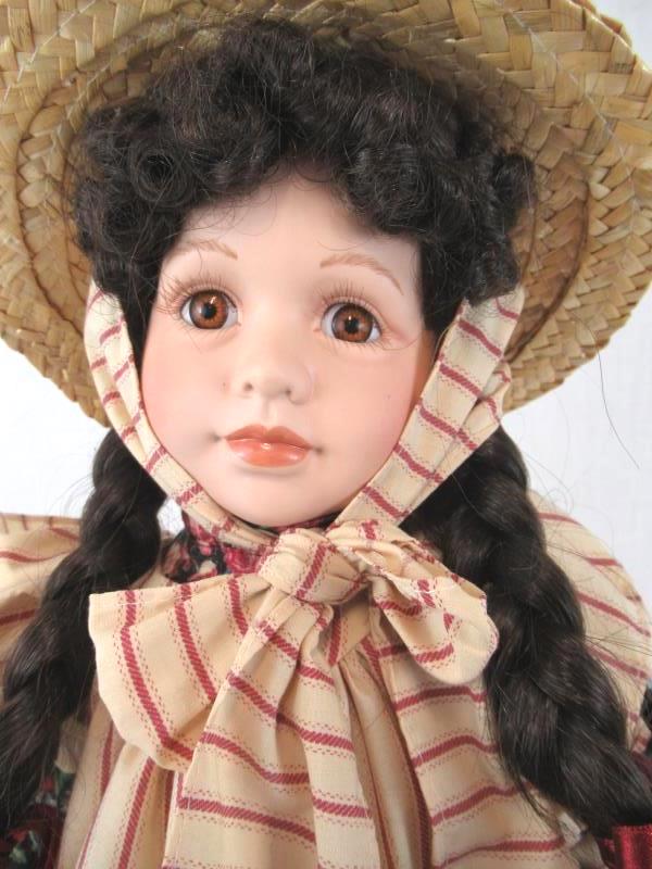 Porcelain Doll Girl Stand Brown Hair Brown Eyes Multicolor Dress Straw Hat 20"