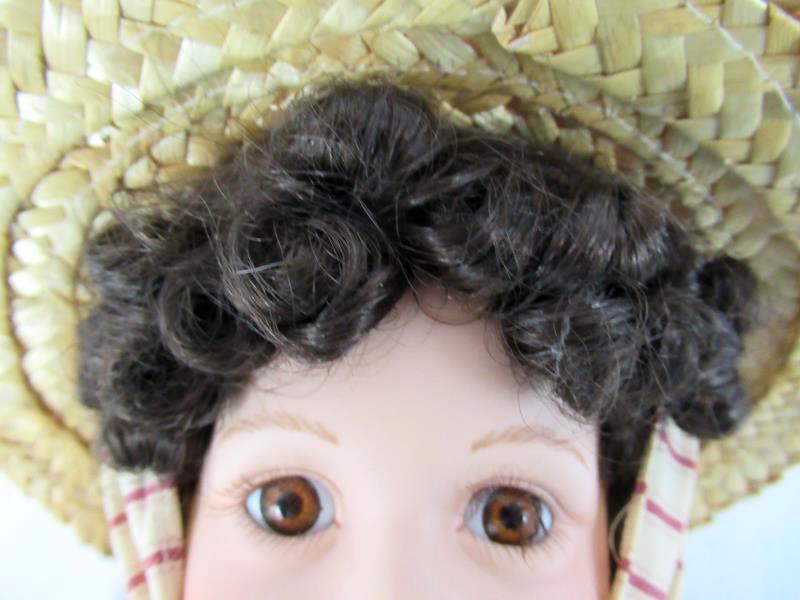 Porcelain Doll Girl Stand Brown Hair Brown Eyes Multicolor Dress Straw Hat 20"
