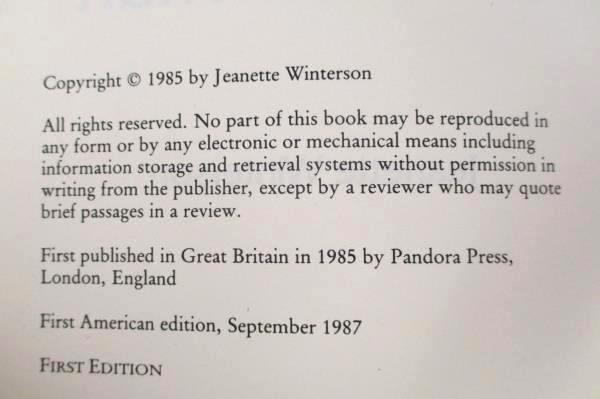 Oranges Are Not The Only Fruit by Jeanette Winterson First Edition 1st Am. Ed.