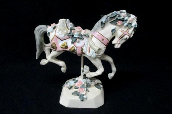 Vintage Carousel Horse Figurine Delicate White Pink Blue Roses Lion Saddle Stand
