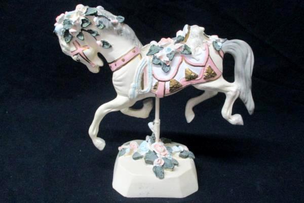 Vintage Carousel Horse Figurine Delicate White Pink Blue Roses Lion Saddle Stand