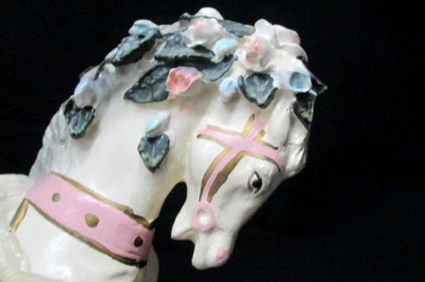 Vintage Carousel Horse Figurine Delicate White Pink Blue Roses Lion Saddle Stand