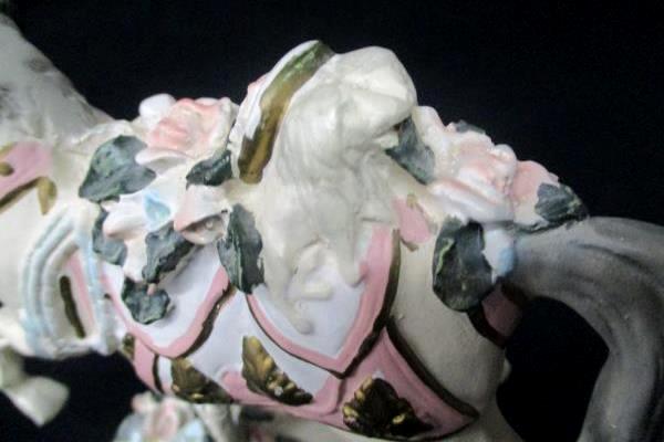 Vintage Carousel Horse Figurine Delicate White Pink Blue Roses Lion Saddle Stand