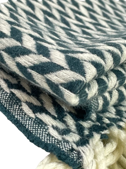 West Elm Geometric Argyle White & Aqua Throw Accent Blanket Afghan Fringe Ends