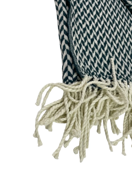 West Elm Geometric Argyle White & Aqua Throw Accent Blanket Afghan Fringe Ends