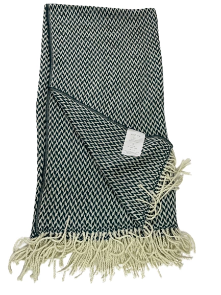 West Elm Geometric Argyle White & Aqua Throw Accent Blanket Afghan Fringe Ends