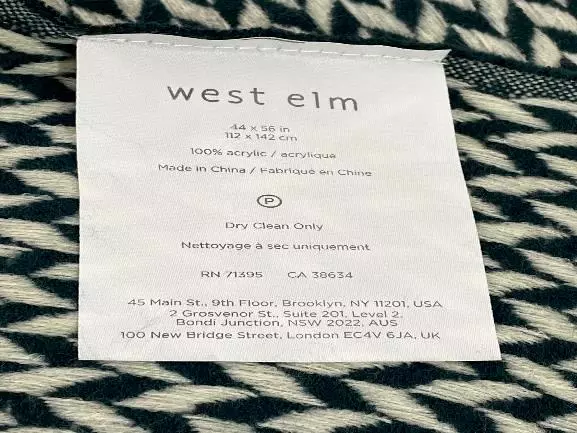 West Elm Geometric Argyle White & Aqua Throw Accent Blanket Afghan Fringe Ends