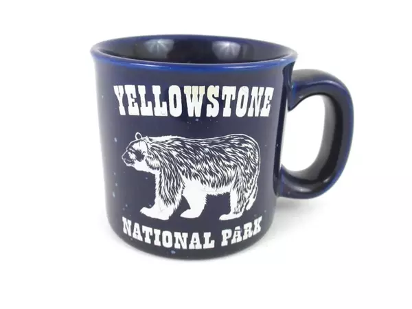 Yellowstone Souvenir Mug Cup National Park Blue White Speckled Grizzly Bear Logo