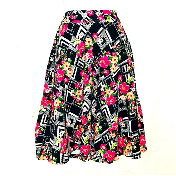 Marilyn Monroe Black White Pink Floral Godet A Line Skirt Women's Sz S Pockets 