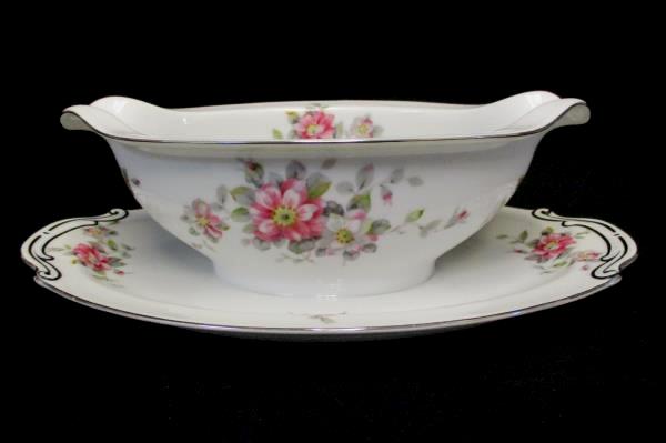 8" Gravy Boat w/ 10" Plate Spring Time China White Platinum Gilt Primrose Vine