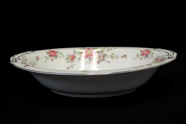 11" Wide Oval Serving Bowl Spring Time China White Platinum Gilt Primrose Vine