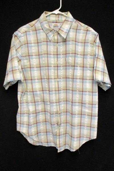Men's LEVI'S Button Up Down Blue White Red Plaid Short Sleeved Cotton Size Large