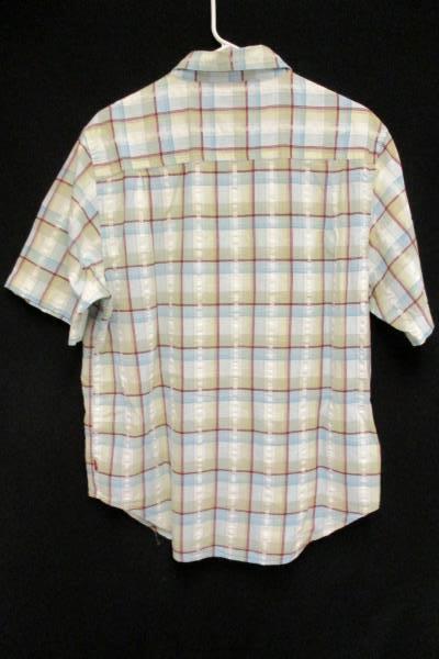 Men's LEVI'S Button Up Down Blue White Red Plaid Short Sleeved Cotton Size Large