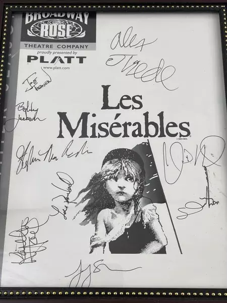 Broadway Rose Theatre Company Les Miserables Signed Cast Window Card Framed