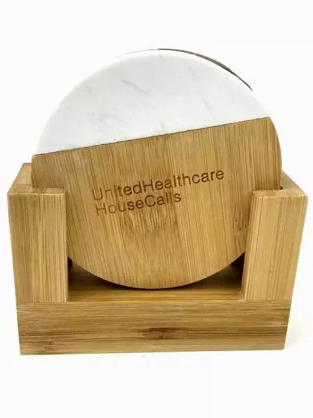 United Healthcare House Calls Bamboo Wood & White Ceramic Coasters 2 Sets