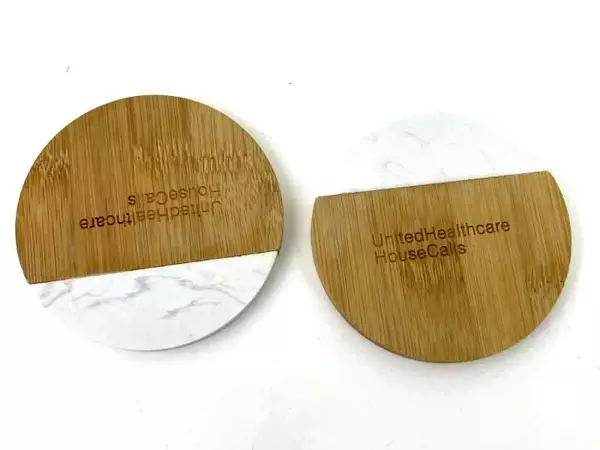United Healthcare House Calls Bamboo Wood & White Ceramic Coasters 2 Sets