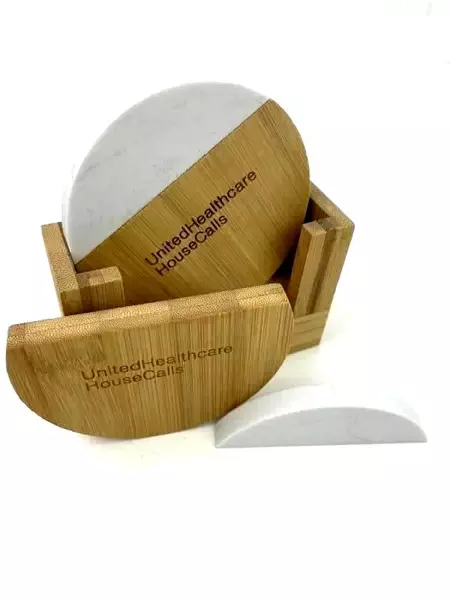 United Healthcare House Calls Bamboo Wood & White Ceramic Coasters 2 Sets