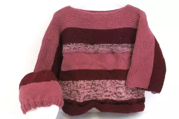 Girl's Handmade Knit Crop Sweater 3/4 Sleeves With Matching Hat Rose Pink L