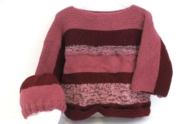 Girl's Handmade Knit Crop Sweater 3/4 Sleeves With Matching Hat Rose Pink L