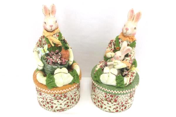 Lot of 2 Boy Girl Rabbits On Round Boxes Floral Home Decor Decoration