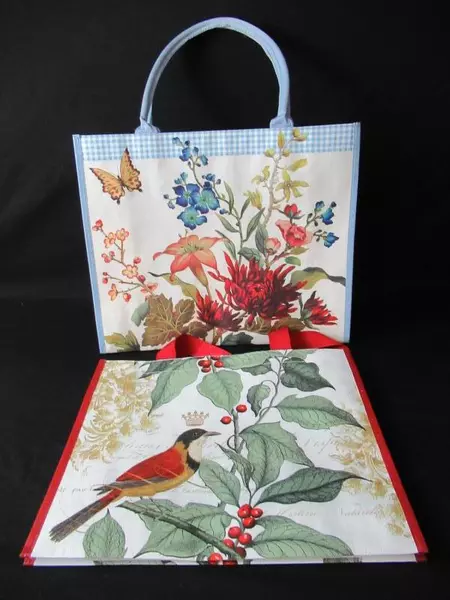 Lot of 2 Fringe Supply Co Reusable Tote Shopping Bags Bird Berries Floral Blue
