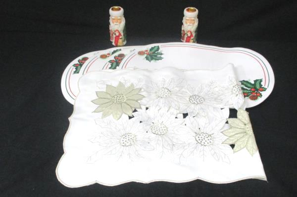 Mixed Holiday Lot: 4 Place Mats Set of Taper Candle Holders Poinsettia Dollie