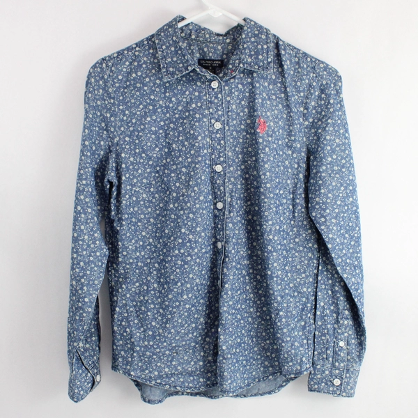 U.S. Polo Assn Women's Blue Denim Floral Button Up Shirt Size Small Top 