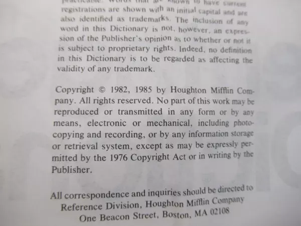 The American Heritage Dictionary Houghton Mifflin Company 1982 2nd College Ed