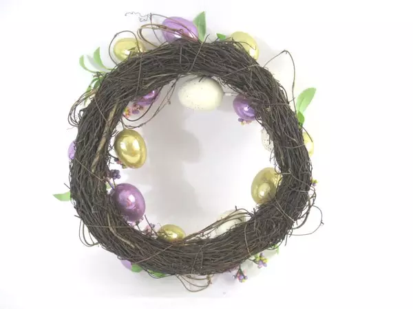 Handmade Easter Egg Wreath Purple Gold Decor 15.5in Spring Floral Eggs