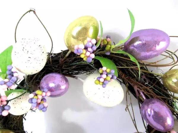 Handmade Easter Egg Wreath Purple Gold Decor 15.5in Spring Floral Eggs