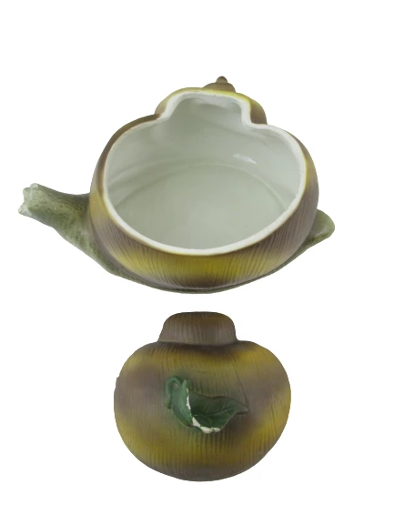 Vintage Ceramic Snail Cookie Jar Rare Green Brown Flaw Leaf Shell Embossed Base