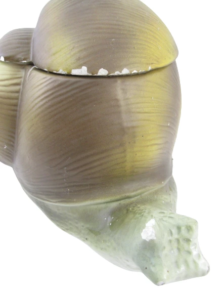 Vintage Ceramic Snail Cookie Jar Rare Green Brown Flaw Leaf Shell Embossed Base