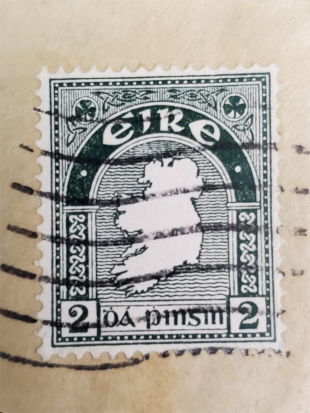 Vintage 1930s Irish Stamp Eire 2 Pinsin Green and White Stamp Used on Envelope