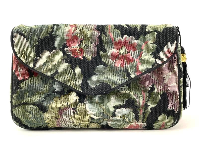Vintage Oscar De La Renta Tapestry Style Clutch Handbag Lined Floral Black Green