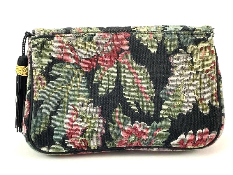 Vintage Oscar De La Renta Tapestry Style Clutch Handbag Lined Floral Black Green