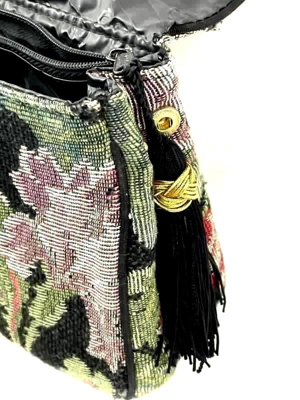 Vintage Oscar De La Renta Tapestry Style Clutch Handbag Lined Floral Black Green