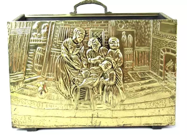 Vintage Embossed Hammered Brass Wood Magazine Newspaper Rack Holder Kitchen