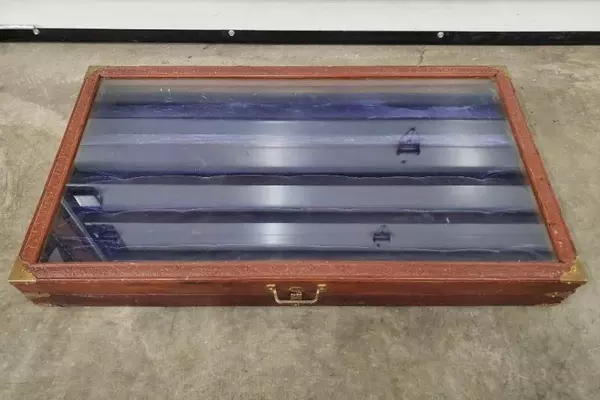 Vintage Wooden Display Case Glass Top Blue Velvet Travel Storage Box