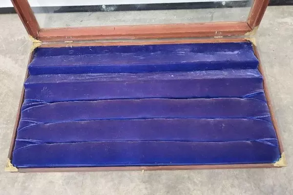 Vintage Wooden Display Case Glass Top Blue Velvet Travel Storage Box