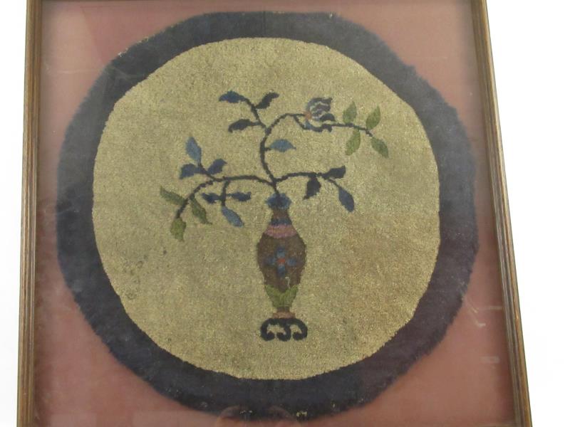 Framed Round Antique Wool Rug Black And Beige Vase Of Flowers Home Wall Decor