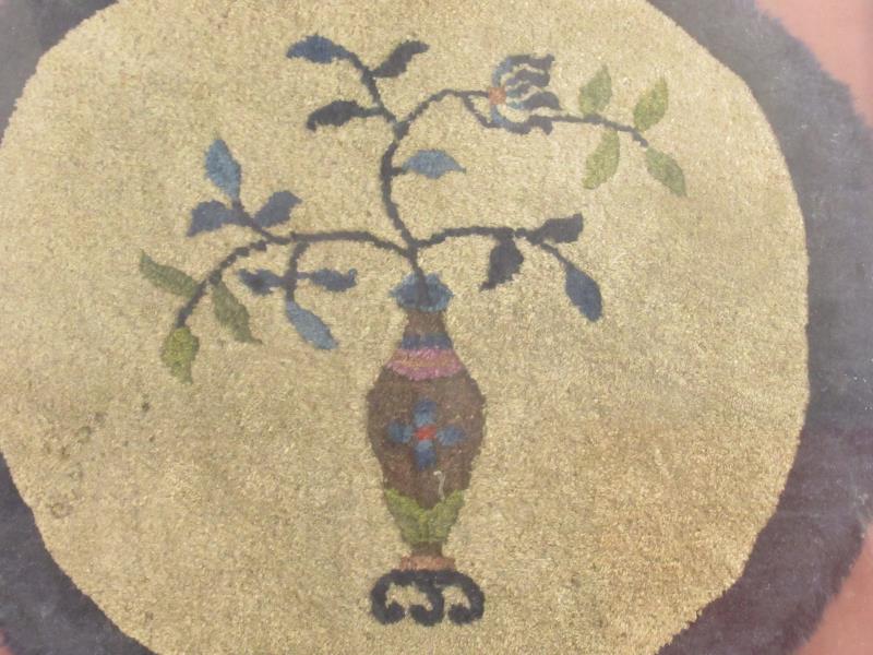 Framed Round Antique Wool Rug Black And Beige Vase Of Flowers Home Wall Decor